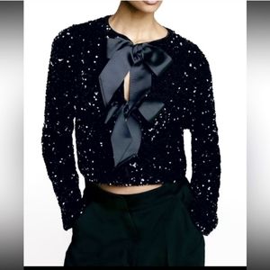 NWT H&M Tie-front Bow Sequined Jacket Ribbon Black Holidays '23 Size XS, S